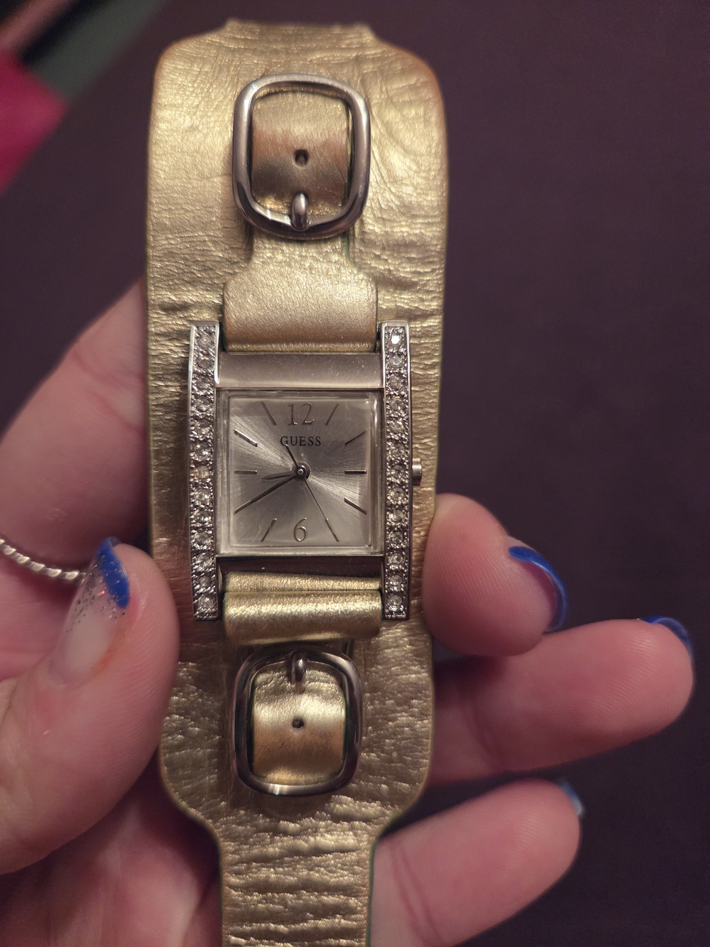 Guess Gold Metallic Leather Cuff Watch with Crystal Accents